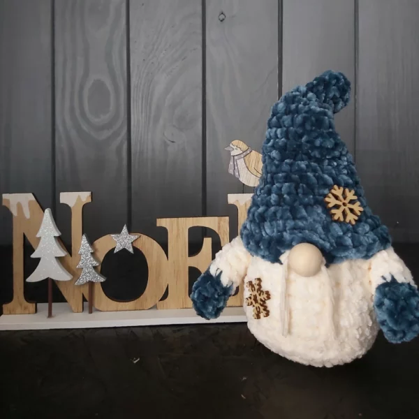 Gnome velours écru et bleu canard