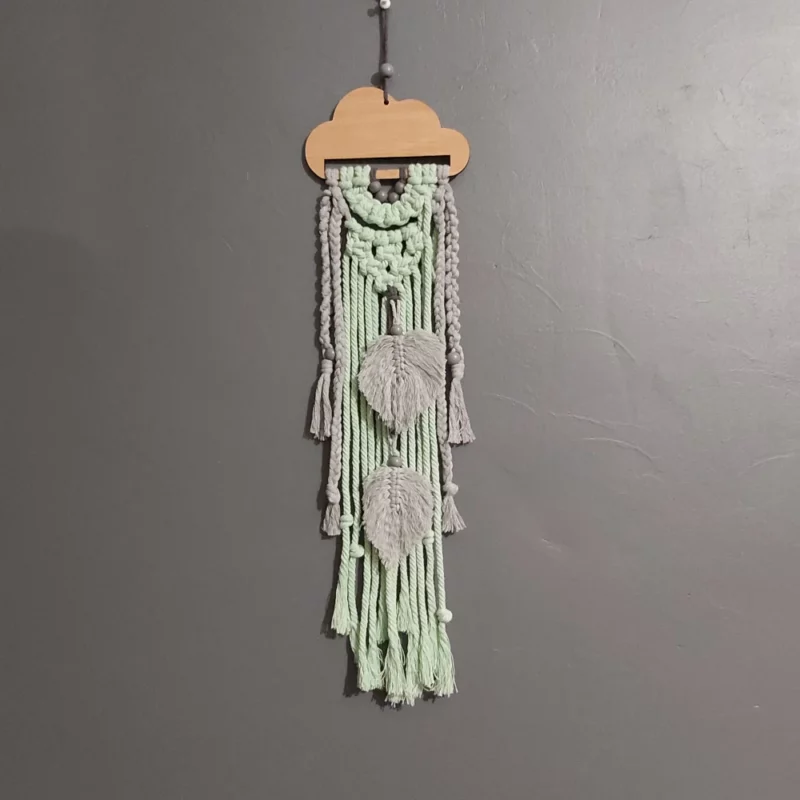 Suspension murale macramé gris et vert