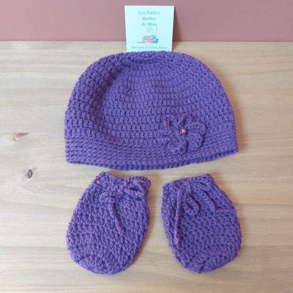 bonnet et moufles mauves