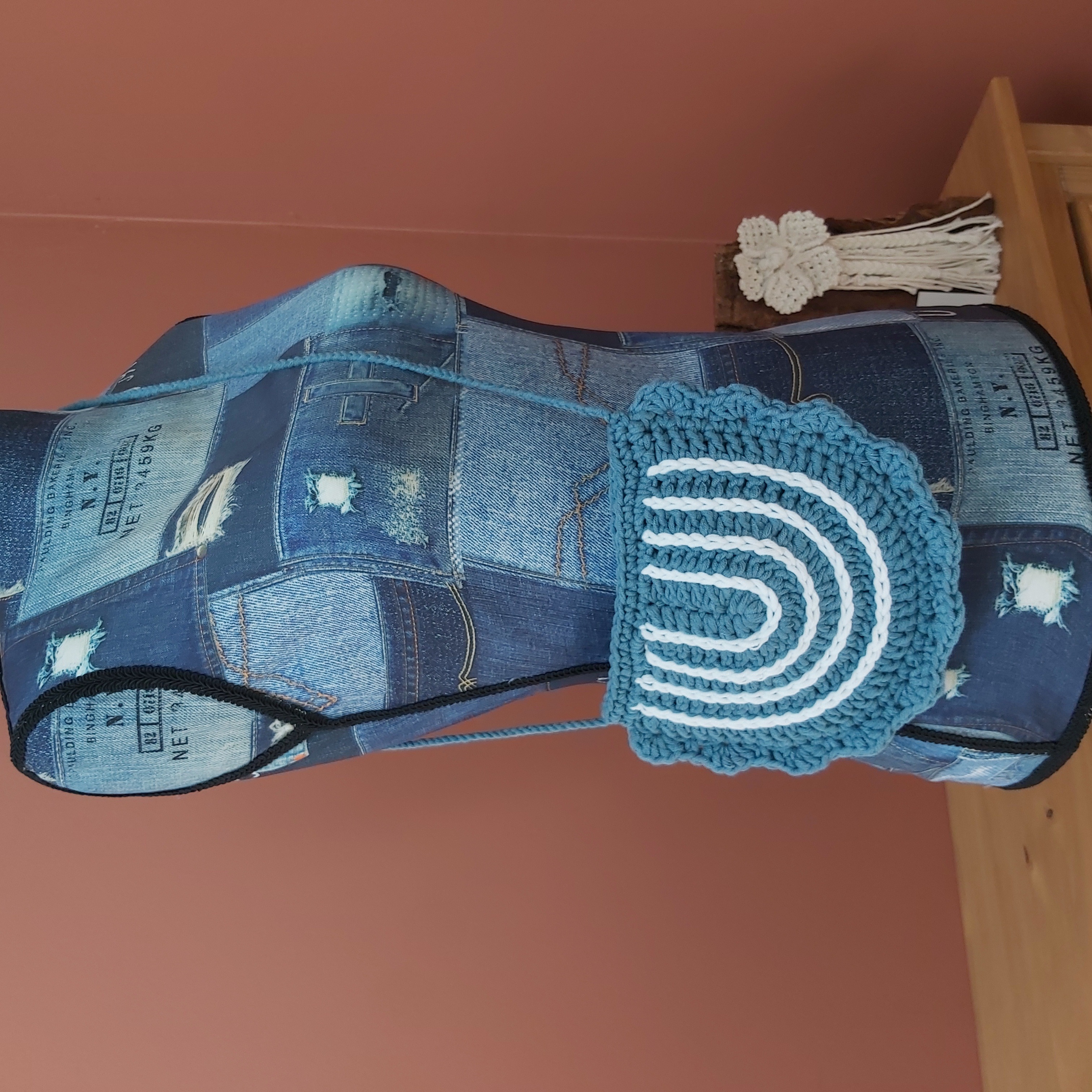 Sac au crochet bleu canard blanc