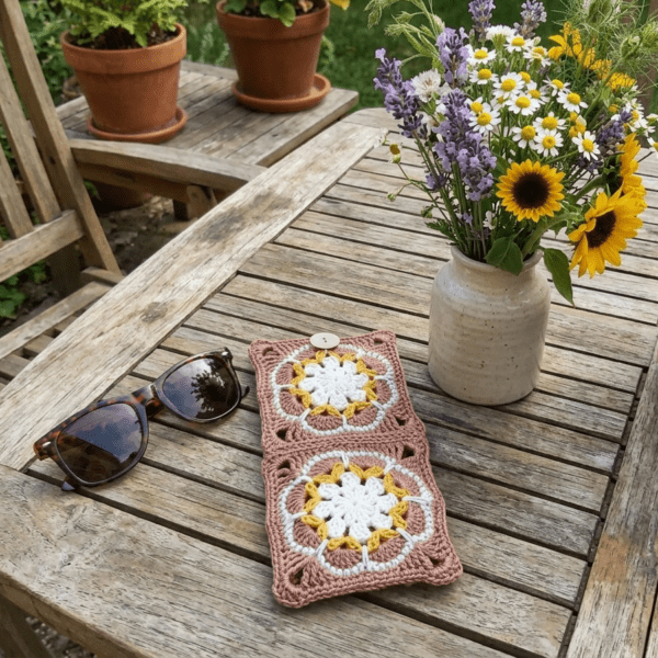 Etui à lunettes marron, écru, moutarde